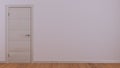 Closed door on white wall, mock up with copy space. Empty room with parquet floor. Minimalist interior design Royalty Free Stock Photo