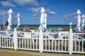 Closed due to windy weather, the veranda of a cafe on the shore of the Baltic Sea in the resort town of Zelenogradsk Royalty Free Stock Photo