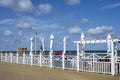 Closed due to windy weather, the veranda of a cafe on the shore of the Baltic Sea in the resort town of Zelenogradsk Royalty Free Stock Photo