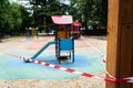 Closed and empty children playgrounds in Spain because of coronavirus, covid-19, crisis, phase 1