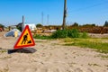 Closed enter at building site zone, triangle warning sign, construction works Royalty Free Stock Photo