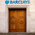 Closed Entrance Doors On A Branch Of Barclays Bank With No People