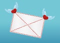 Closed envelope dragged hearts with wings. Valentine`s Day