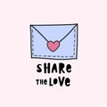 Closed envelope with a heart. Share the love. Color vector illustration in doodle style.