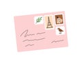 Closed envelope with post stamps and handwritten letter. Paper mail. Abstract correspondence. Colored flat vector