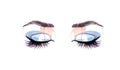 Closed Eyes and eyebrows in watercolor technique. Blue eyeshadows and eyelashes extensions. Hand drawn illustration Royalty Free Stock Photo