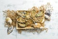 Closed fresh oysters on a white wooden background. Free space for your text. Seafood.