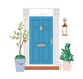 Closed front door design. Home entrance from outside with lantern, plants in planters. House exterior with entry, retro