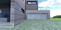 Closed garage inside a country house with an aluminum facade. Paving stones made of natural granite before leaving. 3d rendering