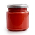 Closed glass jar of red tomato sauce. in low perspectiv