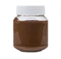 Closed glass transparent jar with nut-chocolate paste on white Royalty Free Stock Photo