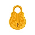 Closed golden lock with ornamental engraving. Flat vector icon of closed vintage padlock. Design for computer or mobile