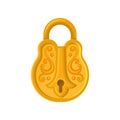 Closed golden lock with ornamental engraving. Flat vector icon of closed vintage padlock. Design for computer or mobile