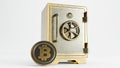 Closed golden safe box with golden bit-coin isolated on white background.