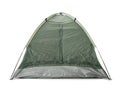 Closed grey camping tent on white