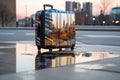 closed hard-shell suitcase with a cityscape reflection