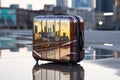 closed hard-shell suitcase with a cityscape reflection