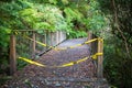 A closed hiking track and bridge in a forest area of New Zealand