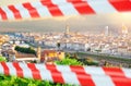 Closed historical Italian sightseeing. Firenze landmarks with warning tape. Cityscape skyline of Florence Italy Royalty Free Stock Photo