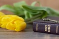 Closed holy bible book, ancient key, and yellow tulips on wood, close-up
