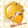 Closed honey jar, wooden dipper bees
