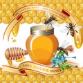 Closed honey jar, wooden dipper, bees, and ribbons