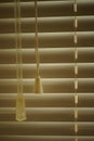 Closed horizontal blinds with rope and handle, front view close-up