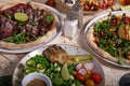 Closed image of healthy dishes on wooden table. Restaurant menu