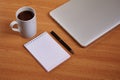 Closed Laptop Beside Empty Journal With Pen And Coffee Mug Over Table. Notebook Computer With Blank Notepad Ballpen Royalty Free Stock Photo