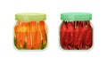 Closed with Lid Glass Jar with Preserved Carrot and Chilli Pepper Vector Set