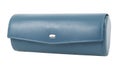 Closed light blue leather eyeglasses case