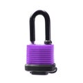 Closed lilac and black lock on white background