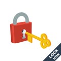 Closed lock and key icon. 3D vector illustration in flat style isolated on white background Royalty Free Stock Photo