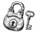 Closed lock with key. Padlock and keyhole. Hand drawn sketch vintage vector illustration Royalty Free Stock Photo