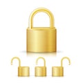 Closed Lock Security Gold Set Icon Isolated On White. Realistic Protection Privacy Sign