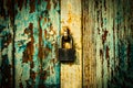 Lock on weathered planks of gates painted in blue Royalty Free Stock Photo