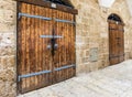 Closed and locked doors at market place in Acre Israel.