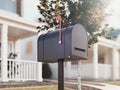 Closed mail box with big house and green tree on background, 3d rendering