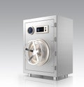 Closed metal safe with touch screen isolated on gray background