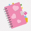 Closed notebook, personal diary on a spiral with bookmarks and paper for notes between pages. With a small lock. Colorful flat