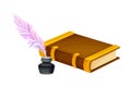 Closed Old Book in Hard Cover with Quill Rested in Inkstand Vector Illustration