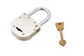 Closed Old Style Padlock with Key Isolated on Whit