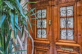 Closed old vintage wooden door with windows and plant behind it. Royalty Free Stock Photo