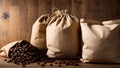 Fabric bags spilling coffee beans onto a wooden surface. Generated by AI. Royalty Free Stock Photo
