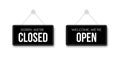 Closed and open black signboards hanged on suction cup. Rectangular shape clipboard for retail, shop, store, cafe, bar