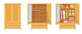 Closed open cupboard. Wooden dress cabinet, wardrobe room cartoon closet inside with shelf clothes organisation fashion