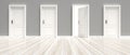 Closed and open doors on grey wall and white wooden floor background, banner. 3d illustration Royalty Free Stock Photo