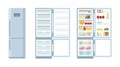 Closed and open empty refrigerator. Fridge and freezer full of food, vector illustration Royalty Free Stock Photo