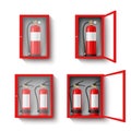 Closed open red box with fire extinguisher set realistic vector safety firefighter cabinet Royalty Free Stock Photo