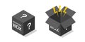 Closed and open secret mystery black box isometric icon.